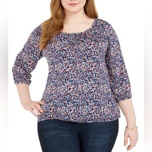 Women’s Michael Kors Petite Large Floral Print Peasant Top Shirt 3/4 Sleeves